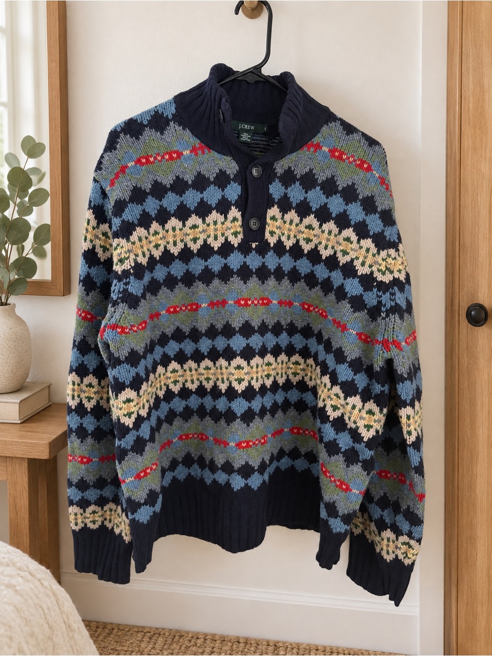 J. Crew Blue Multi-Color Fair Isle Henley Sweater Extra Large XL